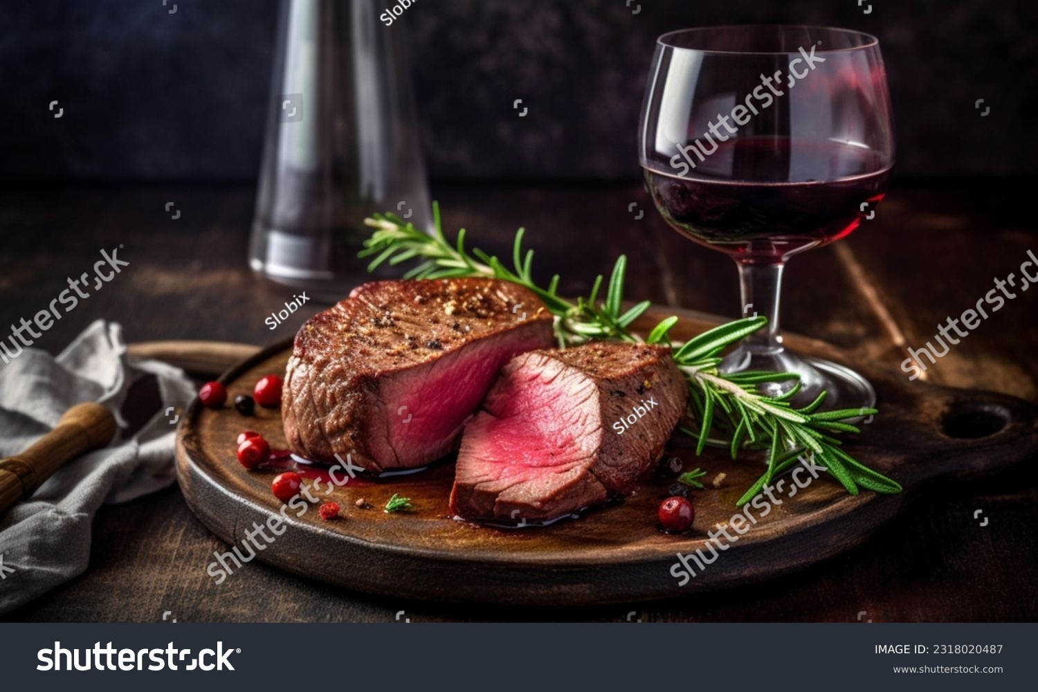 Traditional bbq dry wagyu fillet steak with herbs and glass of wine close-up on gray board #2318020487