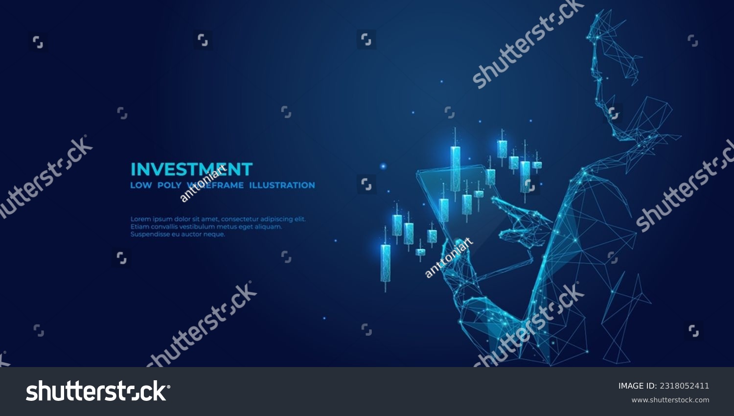 Abstract businessman is holding tablet with stock market candlestick hologram. Digital Trading or Investment concept. Futuristic low poly investor in technological blue. Vector 3D illustration. #2318052411