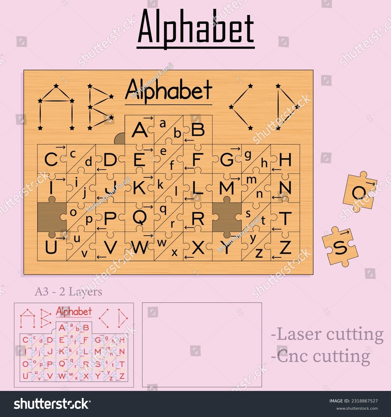 Alphabet Puzzle For Laser Cutting - Royalty Free Stock Vector 