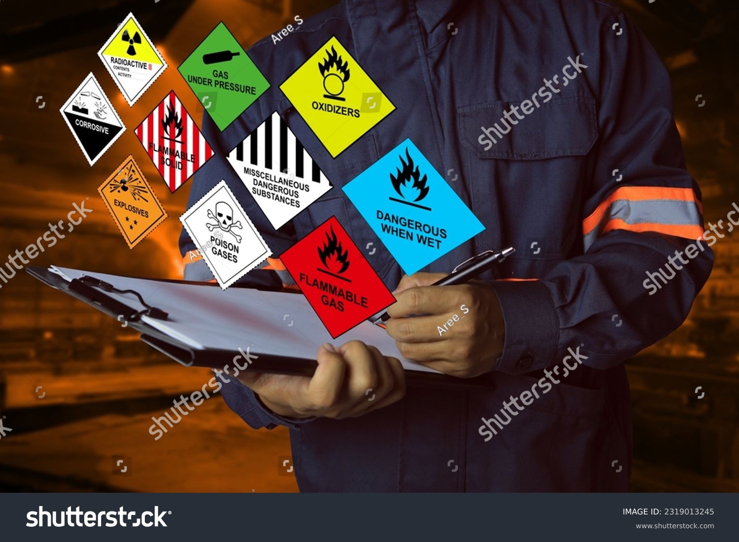 Security officers hold clipboards and inspect the storage of dangerous goods hazard substance in the warehouse for operator safety such as explosions, radioactive, toxic gases, etc. #2319013245