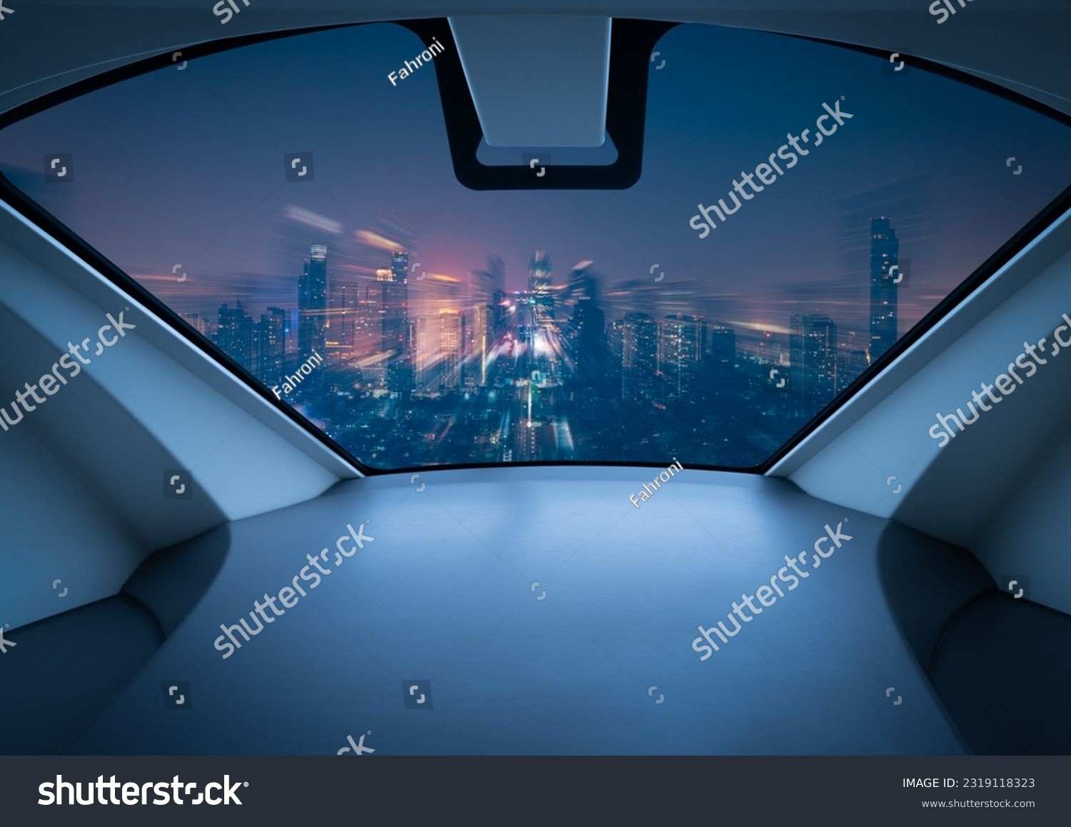 Air taxi window view of city at night. Air vehicle. Personal air transport. Autonomous aerial taxi. Flying car. Urban aviation. Futuristic technology. Passenger drone. Electric VTOL passenger aircraft #2319118323