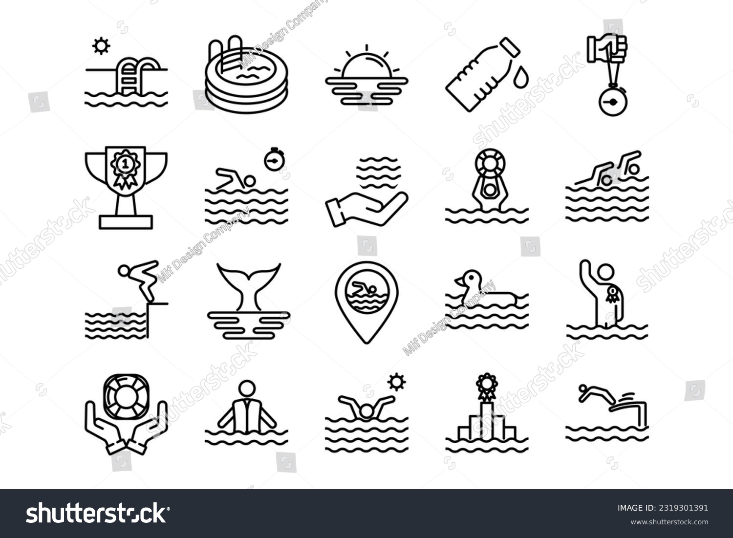 Swim lines icon set. Swim genres and attributes. Linear design. Lines with editable stroke. Isolated vector icons. #2319301391