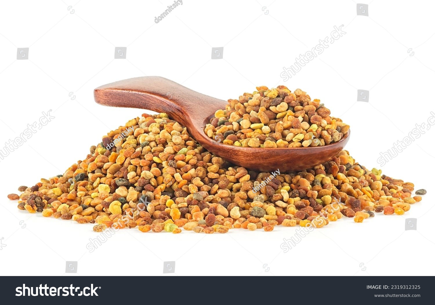 Raw organic honey bee pollen in wooden spoon isolated over white background. Bee bread. #2319312325