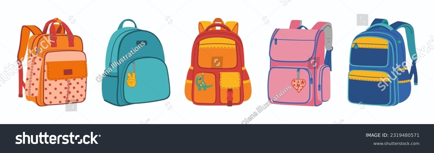 Set of colorful school bags different shapes. Collection of backpack for children. Hand drawn vector vector illustration isolated on white background. Modern flat cartoon style. #2319480571