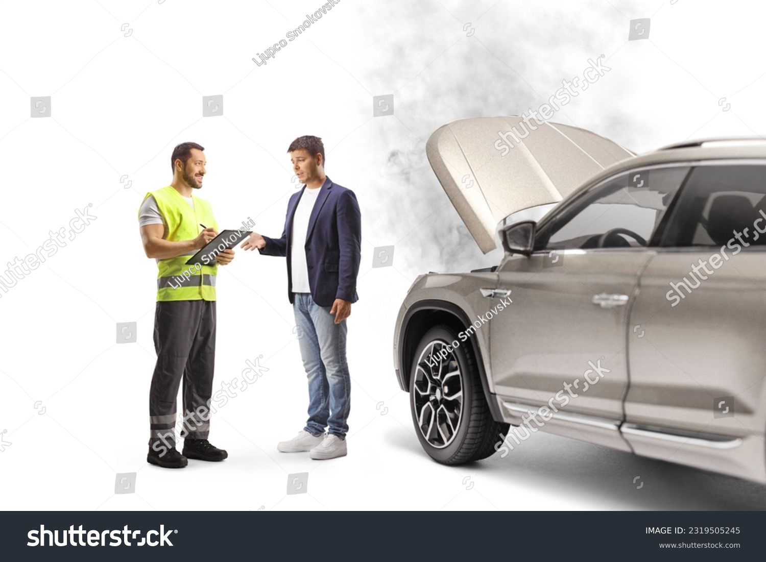 Road assistance worker and a man discussing a car problem  isolated on white background #2319505245