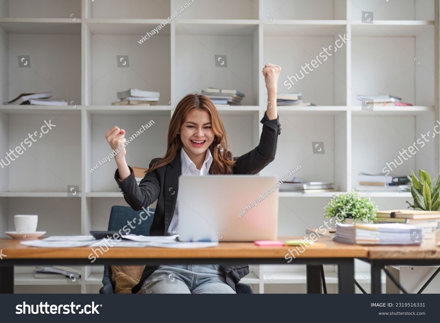 Excited female feeling euphoric celebrating online win success achievement result, young woman happy about good email news, motivated by great offer or new opportunity, passed exam, got a job #2319516331