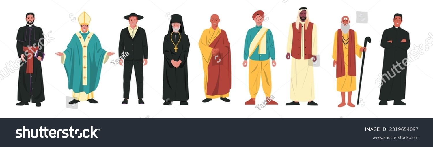 Religion characters. Different religious church leaders, buddhist monk christian priest rabbi judaist muslim mullah, faith. Cartoon vector set of religious character, religion different illustration #2319654097