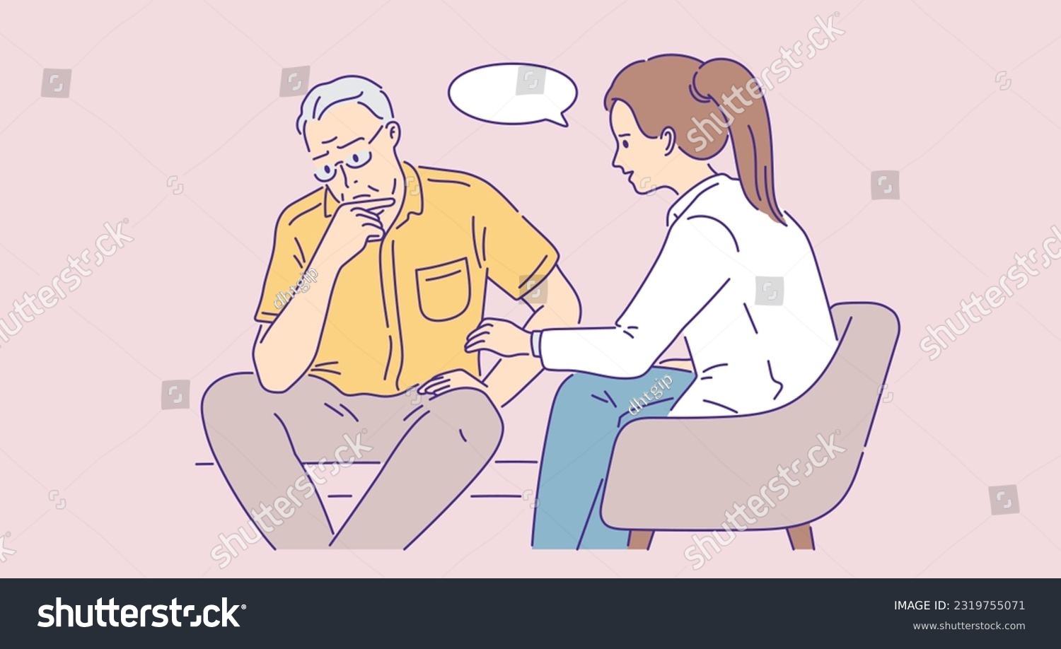 overcome psychotherapy scene between senior man and psychiatrist outline flat vector illustration #2319755071