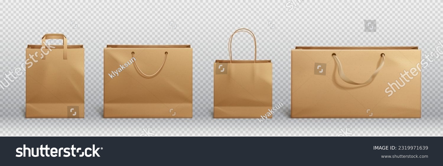 Craft brown paper bag and handle vector mockup. Shopping package mock up to carry food front view icon merchandising design collection. 3d retail reusable branding merchandise illustration #2319971639