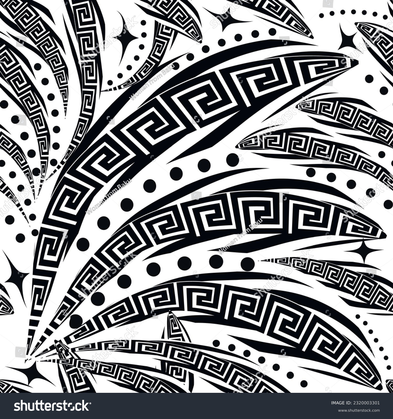Abstract ornamental hand drawn greek style floral seamless pattern. Tribal ethnic style patterned vector background. Greek key meanders, flowers, leaves, circles, dots. Black and white ornaments. #2320003301