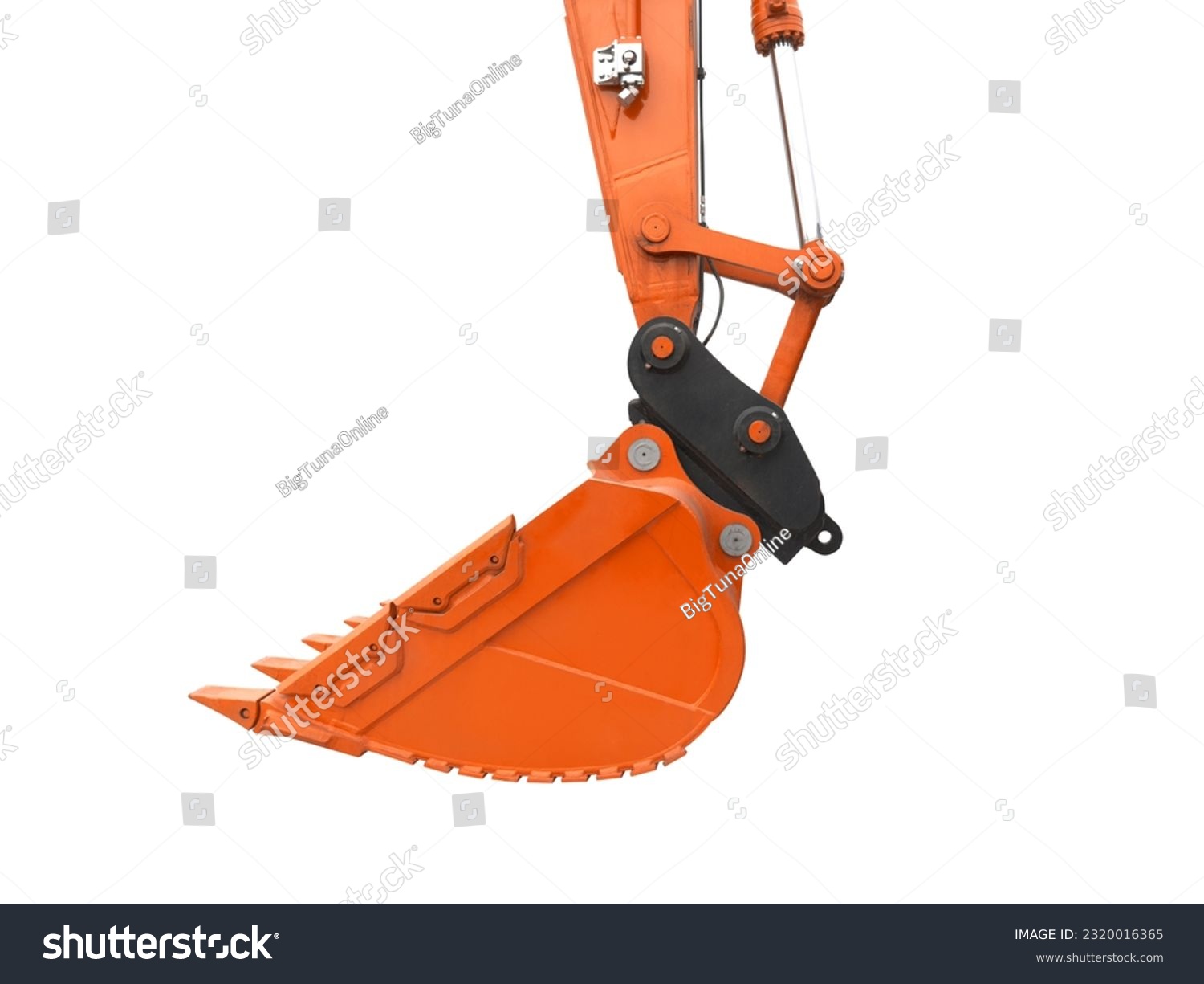 Crawler excavator with lift up bucket isolated on white background. Powerful excavator with an extended bucket close-up. Construction equipment for earthworks #2320016365