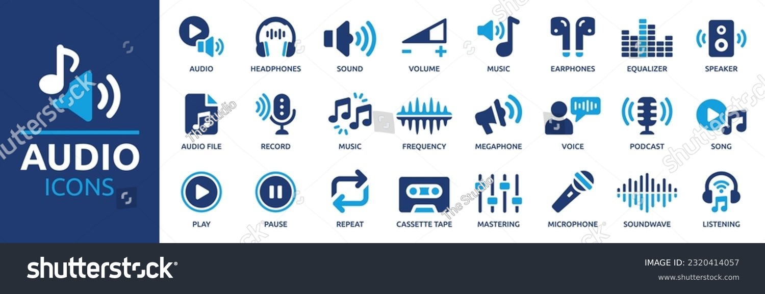 Audio icon set. Containing headphones, sound, music, volume, earphones, equalizer and speaker icons. Solid icon collection. Vector illustration. #2320414057