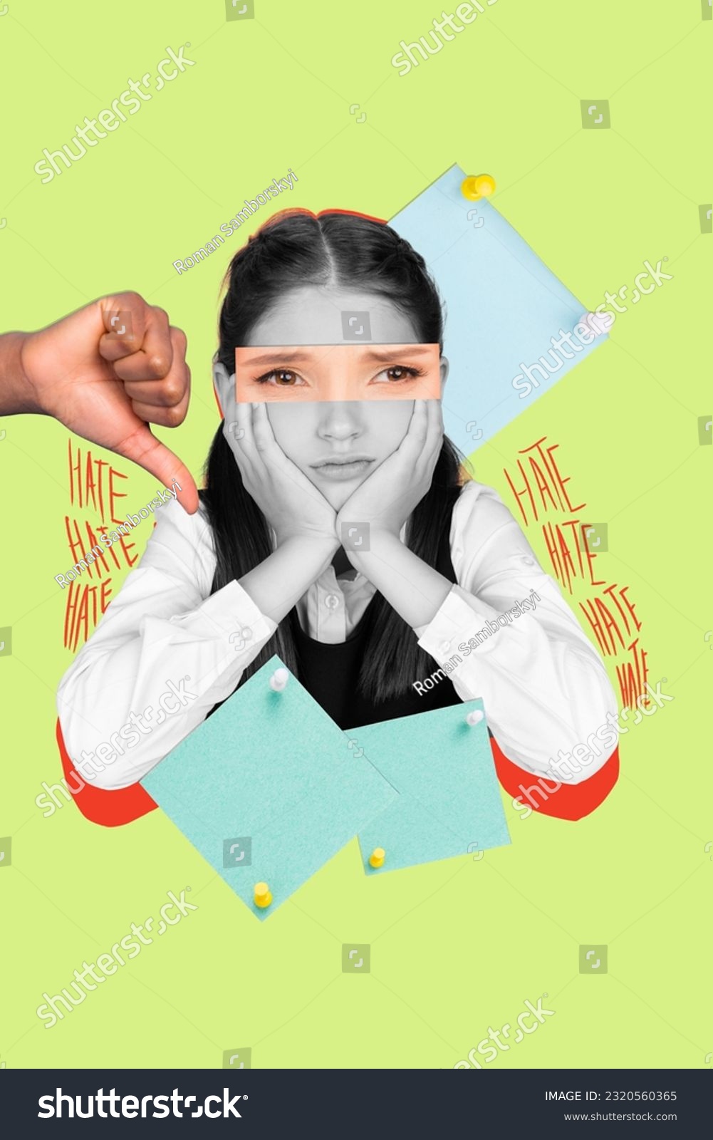 Vertical collage of arm demonstrate thumb down black white effect unsatisfied gloomy girl suffer hate memo stickers isolated on green background #2320560365