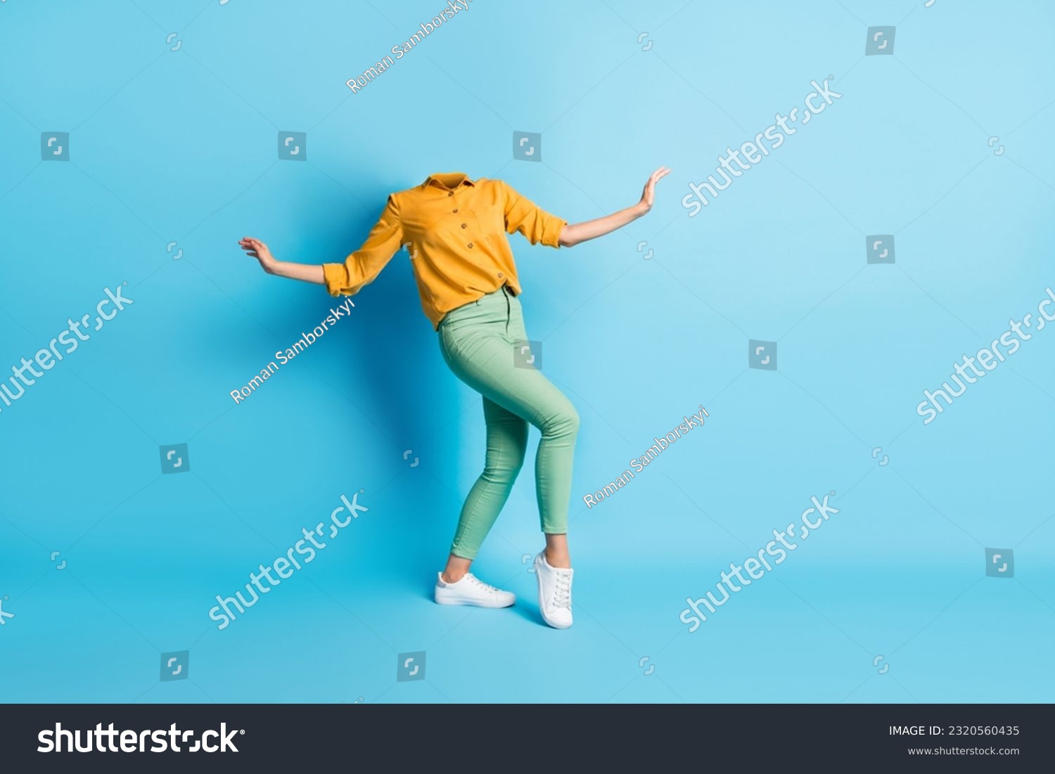 Creative abstract composite photo template collage of unusual weird headless woman dancing enjoy music isolated on blue color background #2320560435