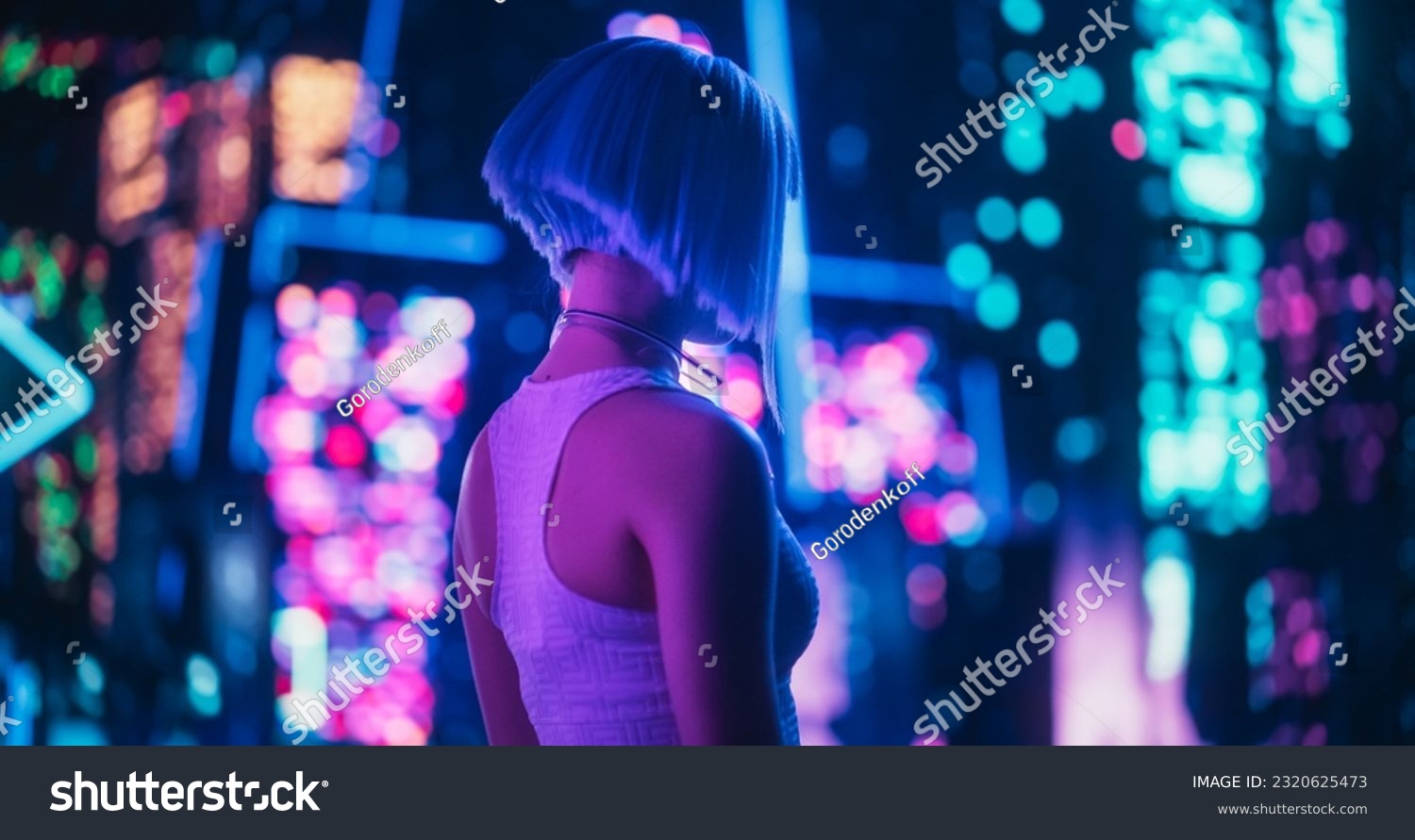 Beautiful Retro-Futuristic Portrait of a Human Gamer Girl Resembling an Android Robot with Artificial Intelligence, Travelling in Modern City with Neon Lights and Colorful Cyberpunk Vibe #2320625473