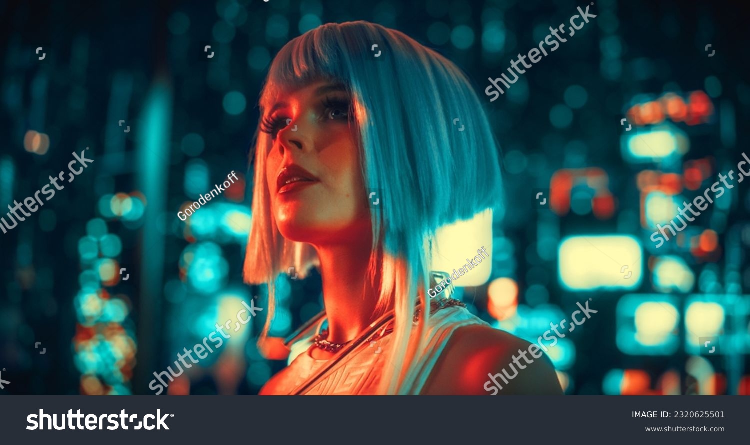 Beautiful Retro-Futuristic Portrait of a Human Gamer Girl Resembling an Android Robot with Artificial Intelligence, Travelling in Modern City with Neon Lights and Colorful Cyberpunk Vibe #2320625501