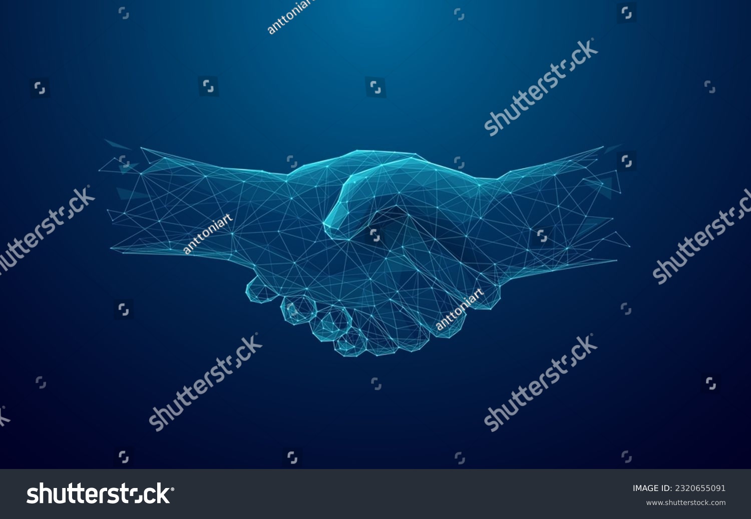 Digital handshake on blue technology background. Abstract two hands in lines, connected dots, and triangles. Polygonal grid 3D vector illustration. Business partnership concept. Low poly wireframe. #2320655091