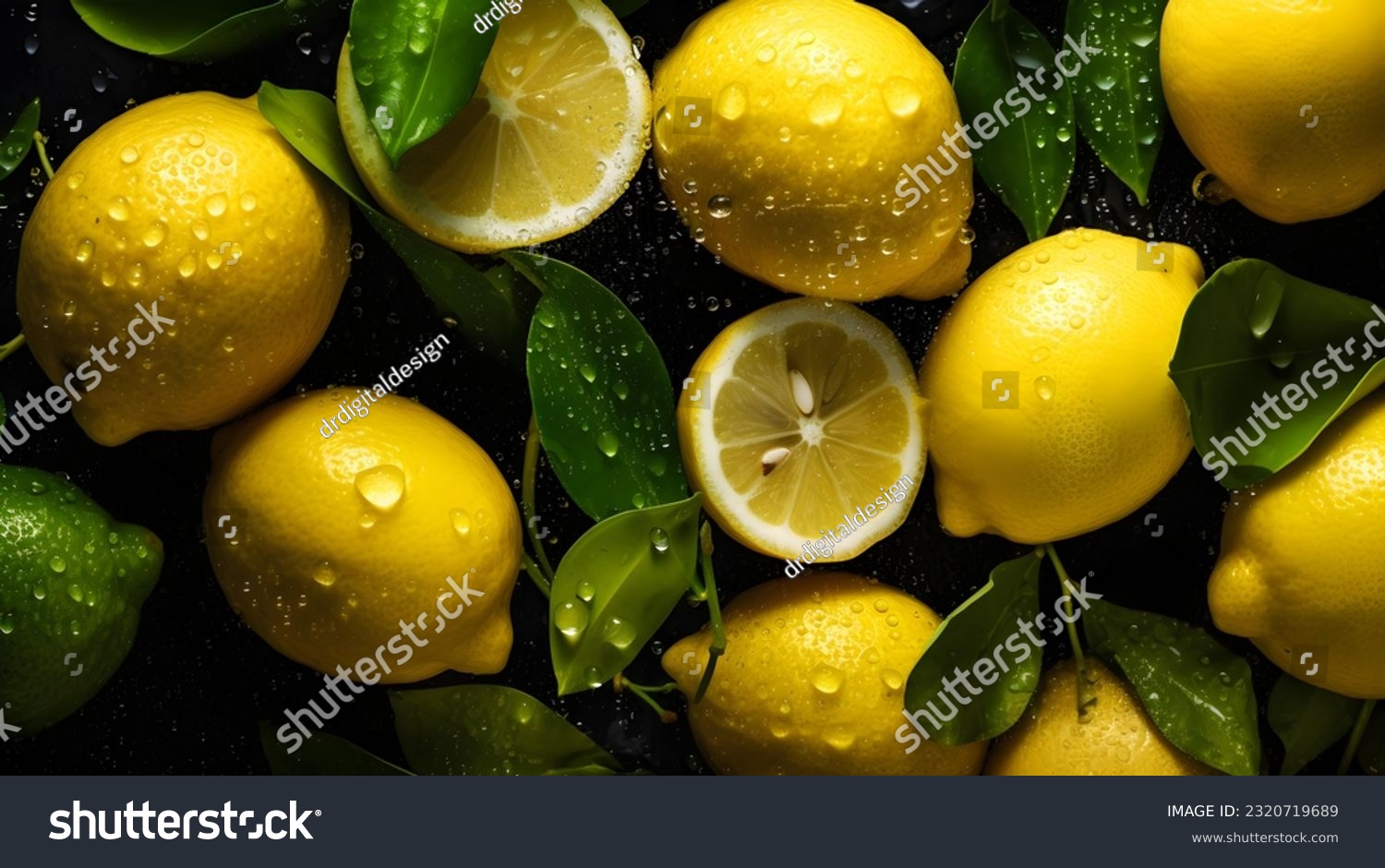 Overhead Shot of Lemons with visible Water Drops. Close up.
 #2320719689