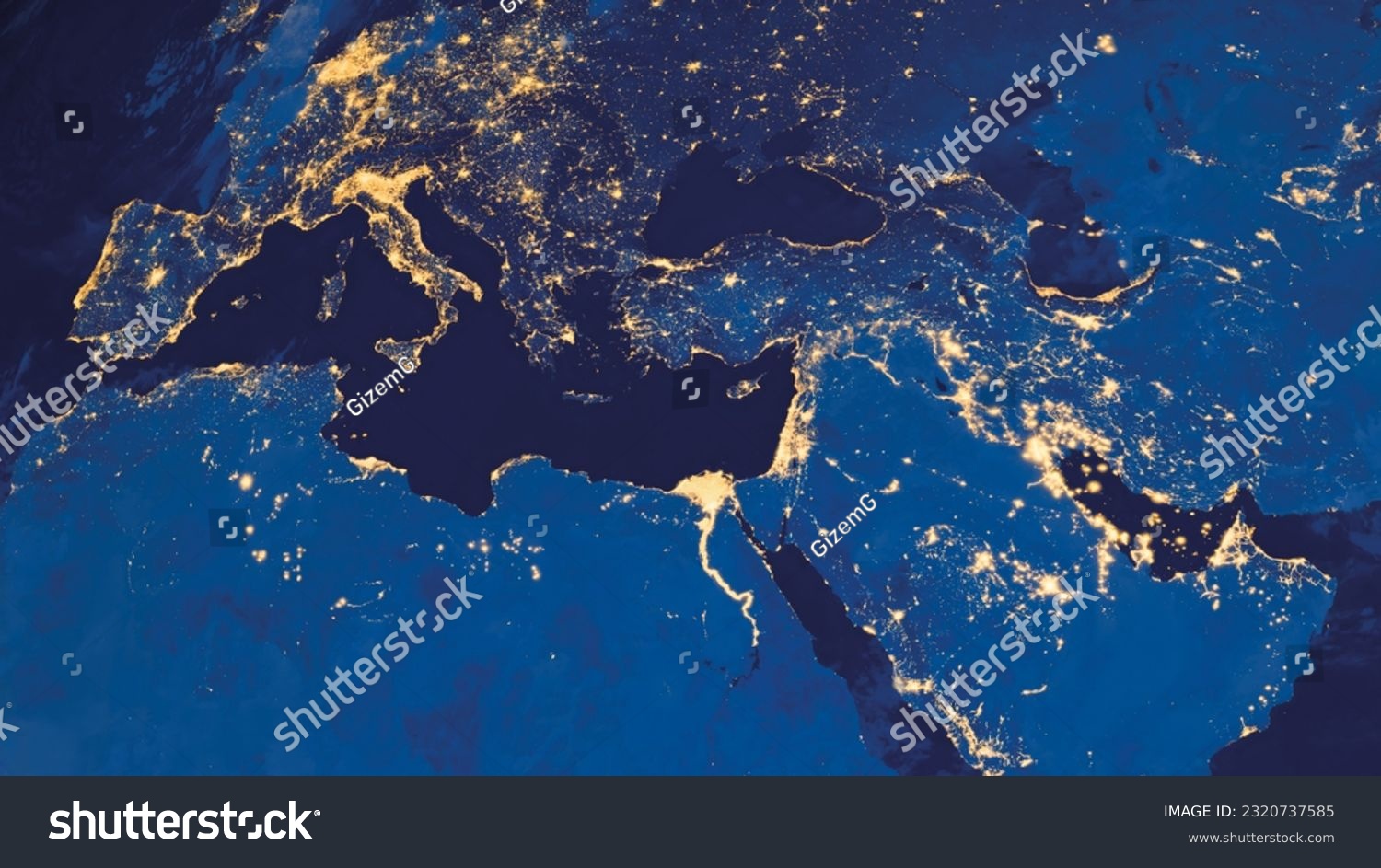Earth photo at night background, World map. Satellite photo. City Lights of Europe, Middle East, Turkey, Italy, Black Sea, Mediterrenian Sea from space. Elements of this image furnished by NASA. #2320737585