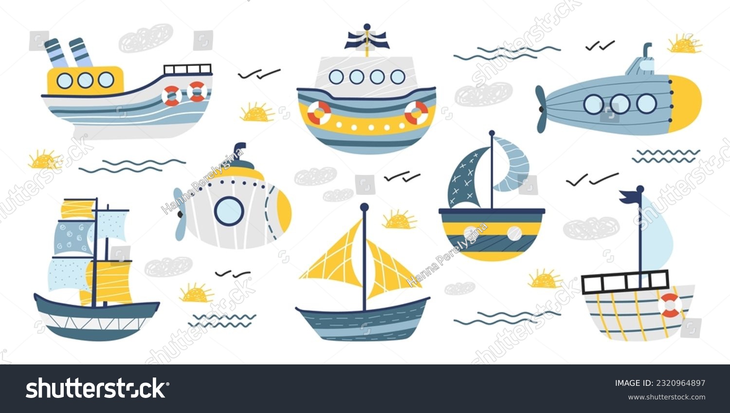 Vector Set Of Ships, Submarines, Boats. Doodle - Royalty Free Stock 