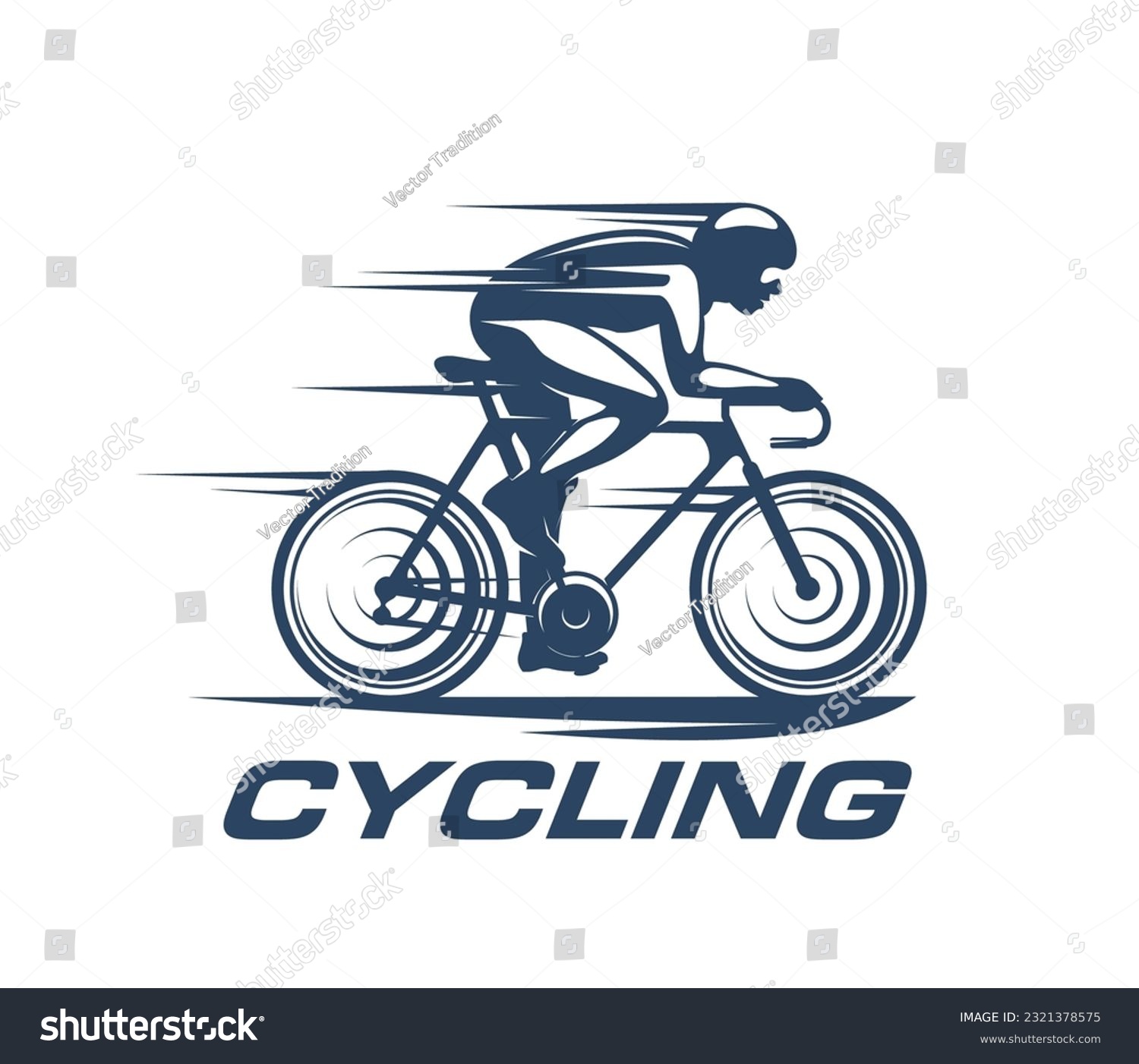 Cycling sport icon, bike racer silhouette or cyclist, bicycle sport team vector sign. Cycling sport tour of bike racing competition emblem with cyclist silhouette in helmet riding in speed line #2321378575