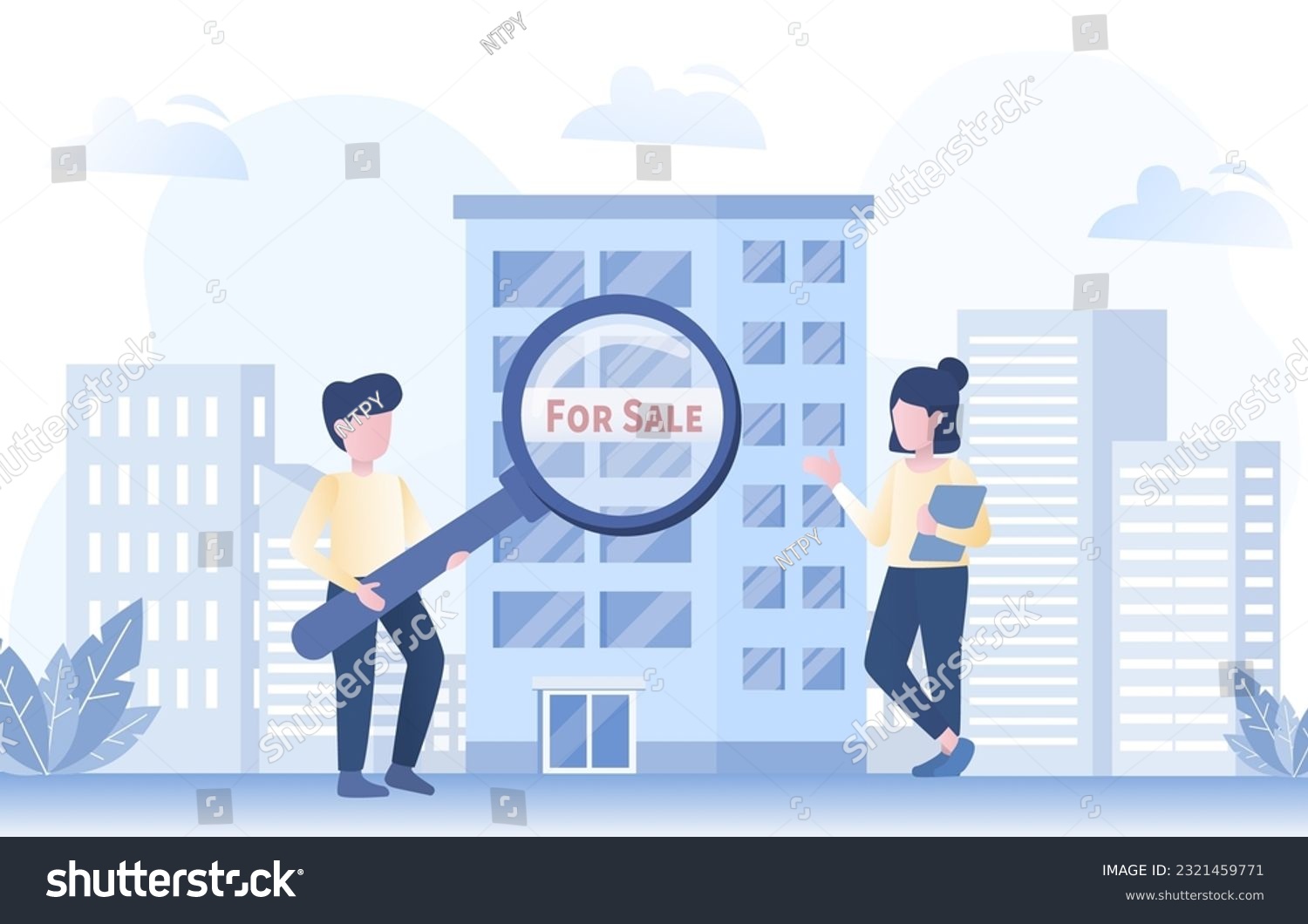Mortgage or real estate rental concept. Searching for condominiums or apartments in the real estate market. Information, explore options and engage with agents or owners. Flat vector illustration. #2321459771