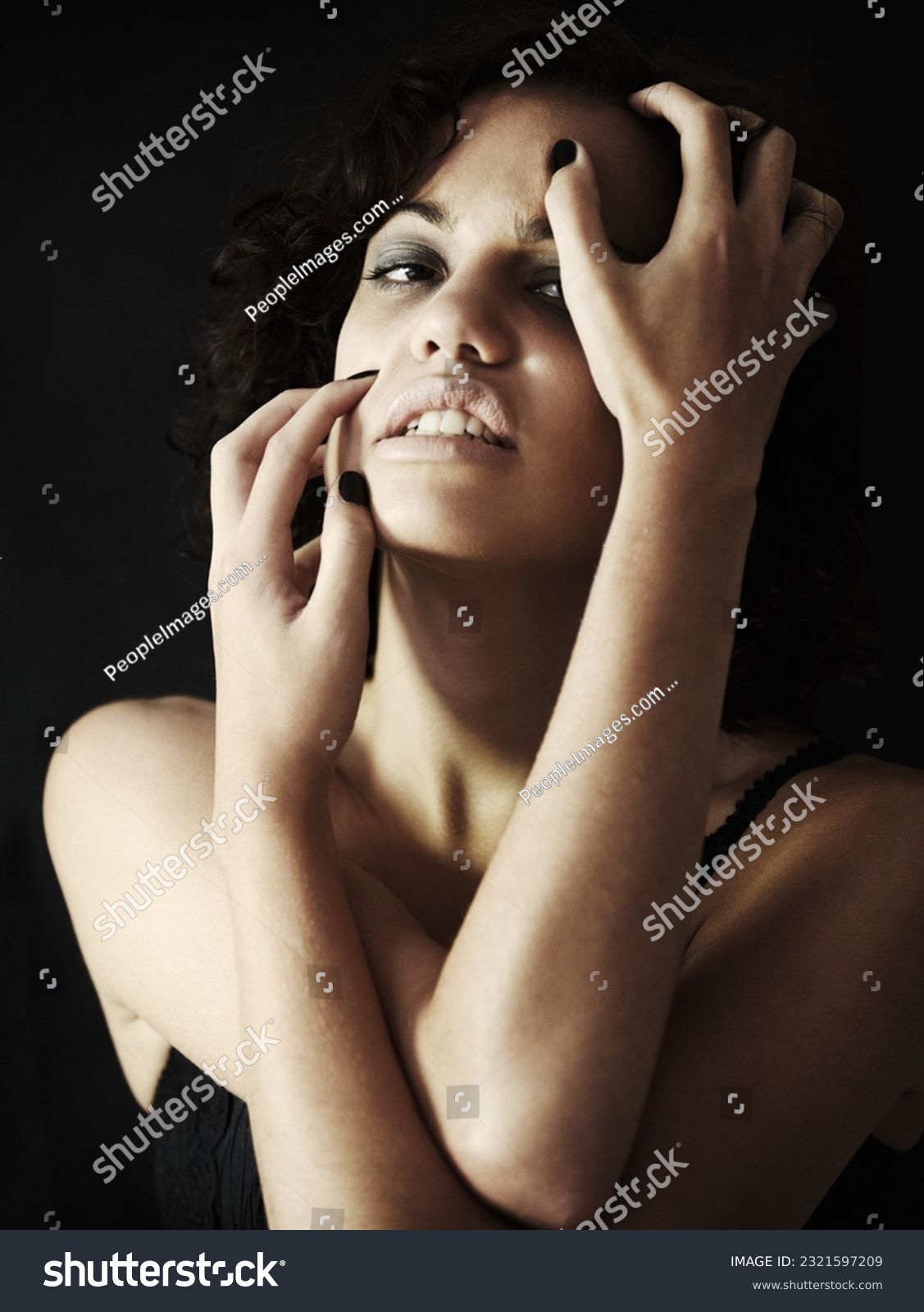 Portrait, depression and woman with anorexia in studio with bulimia, body dysmorphia and crisis on black background. Anxiety, psychology and face anorexic female person with eating disorder and shame #2321597209