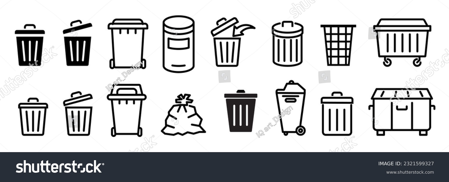 Bin icon set. Trash can collection. Trash icons set. Web icon, delete button. Delete symbol flat style on white background.	 #2321599327