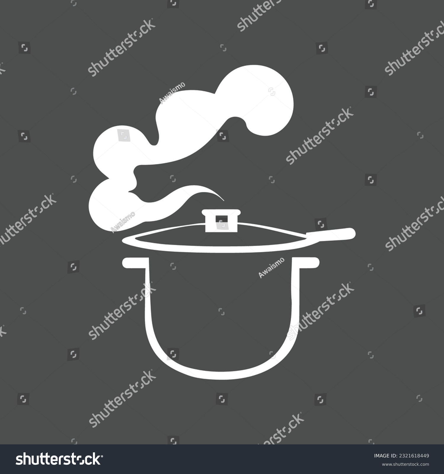 Pans icon in simple style. Cooking in a saucepan with steam, stirring, warm homemade food. Logos isolated on white background. #2321618449