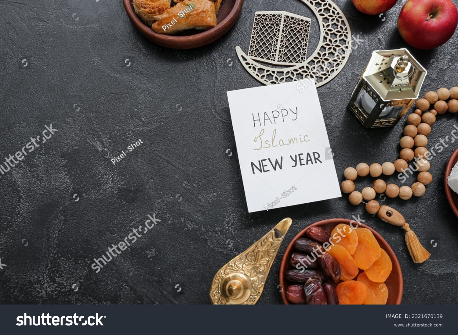 Card with text HAPPY ISLAMIC NEW YEAR, dried fruits and tasbih on dark background #2321670139