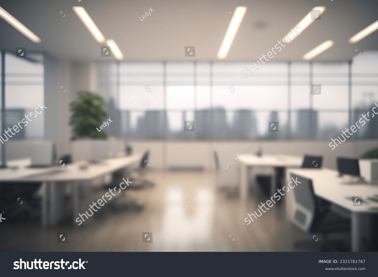 Beautiful blurred background of a light modern office interior with panoramic windows and beautiful lighting. #2321761767