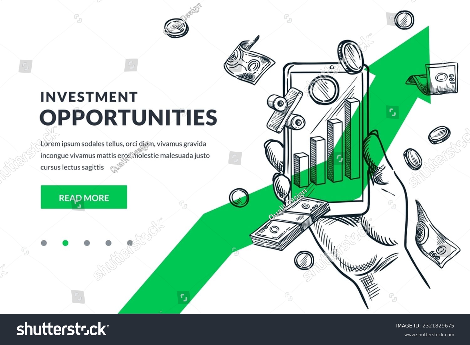 Investment, market trade and finance concept. Money financial online management. Hand drawn vector sketch illustration of mobile phone trading bank application. Poster banner design template #2321829675
