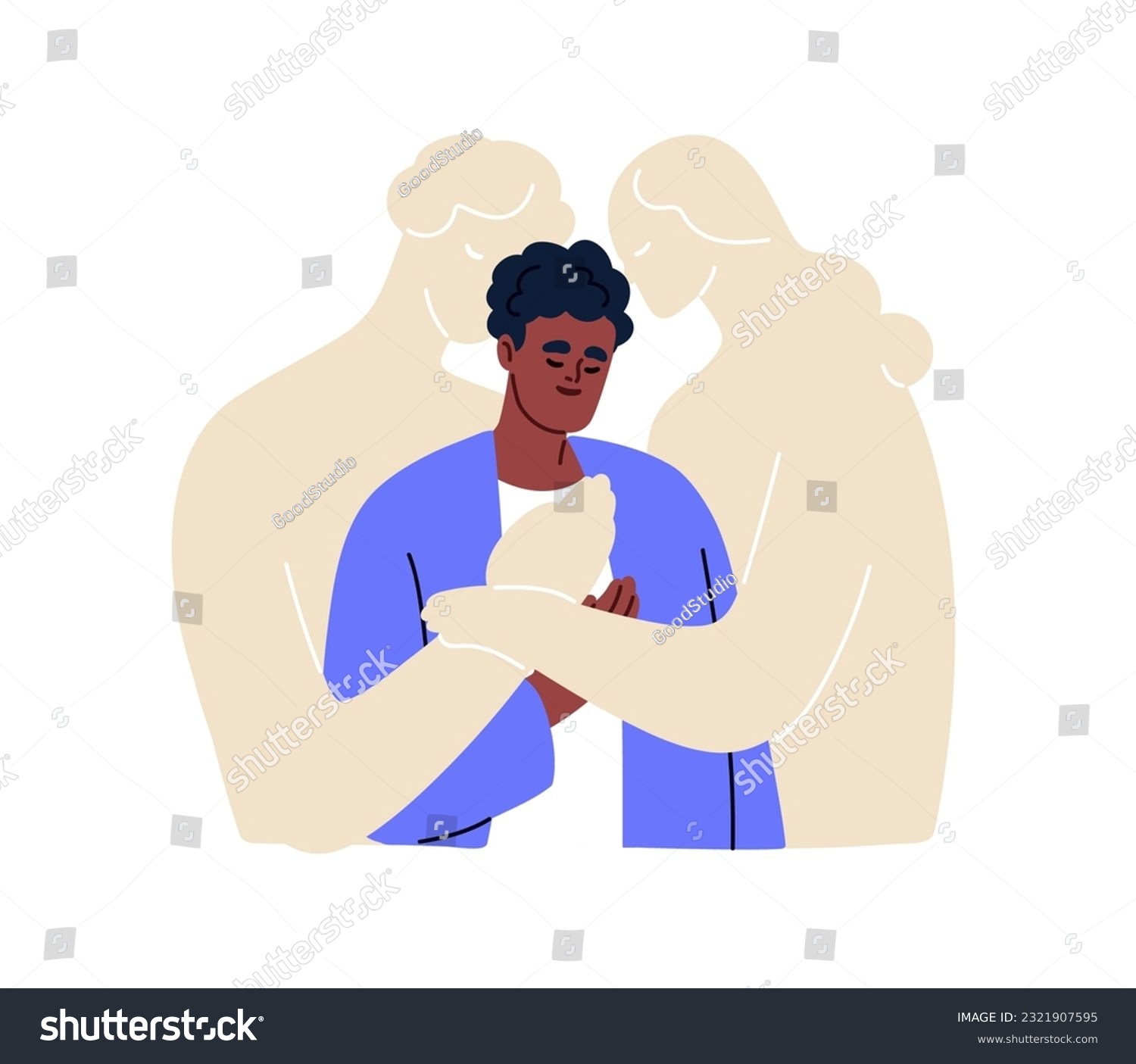 Person missing departed dead parents. Orphan thinking, remembering lost gone mother, father, their love and support. Loss, death concept. Flat graphic vector illustration isolated on white background #2321907595