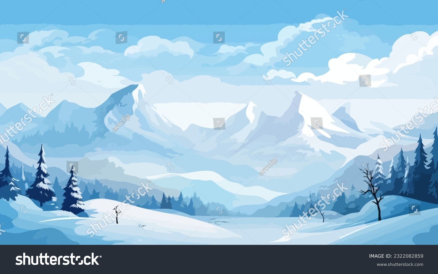 illustration of snowy mountains Realistic illustration of mountain landscape with hill and forest with coniferous trees, Alpine mountain range background, snow capped mountains vector background #2322082859