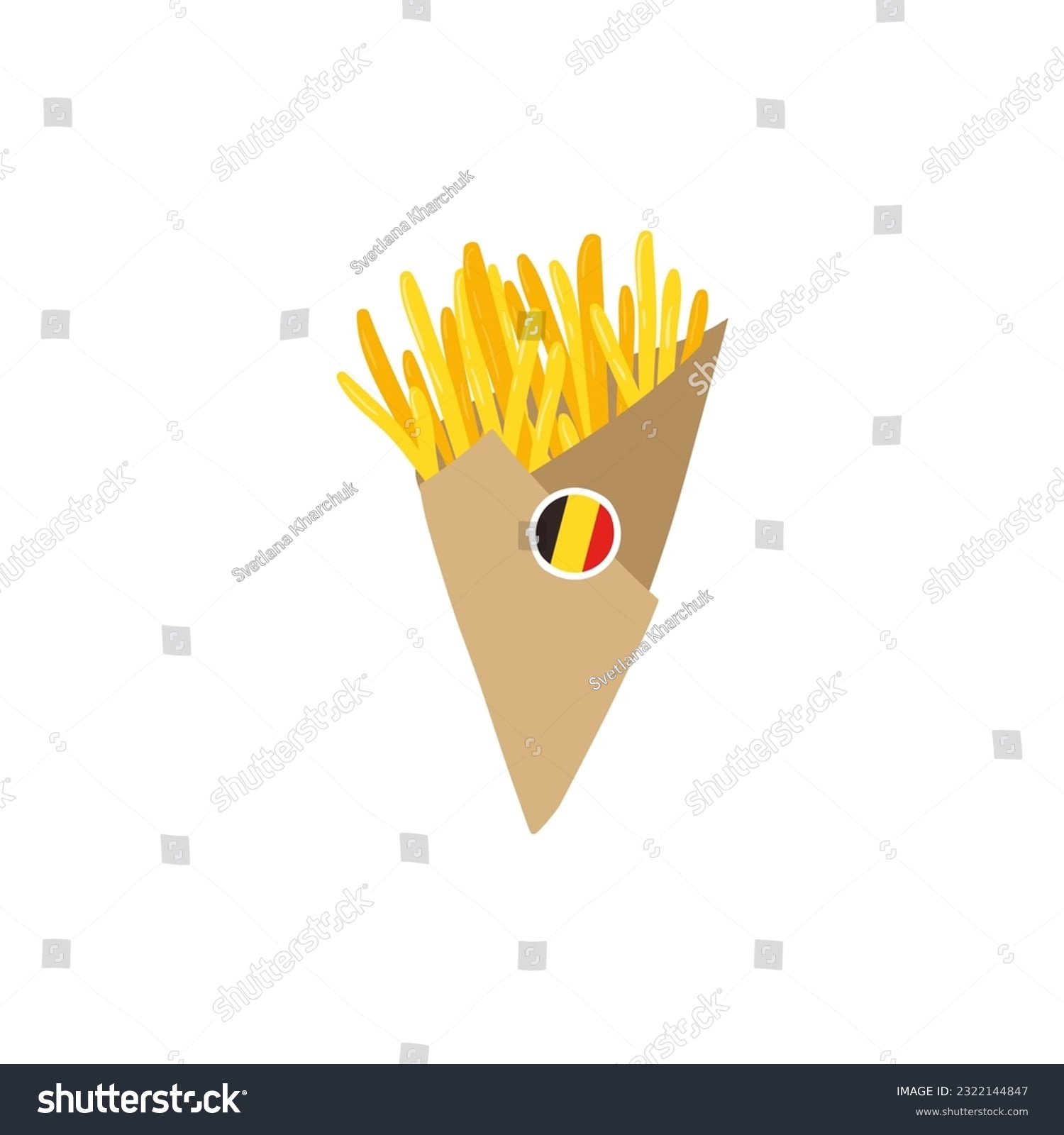 French fries Belgian fast food in a paper cone with a country flag sticker. Vector cartoon hand drawn colorful illustration. Isolate on a white background #2322144847