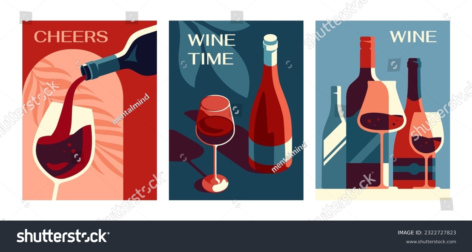 Posters with wine set. Abstract aesthetic banners with alcohol drink, bottles and glasses. Restaurant, evening date and sommelier concept. Cartoon flat vector collection isolated on white background #2322727823