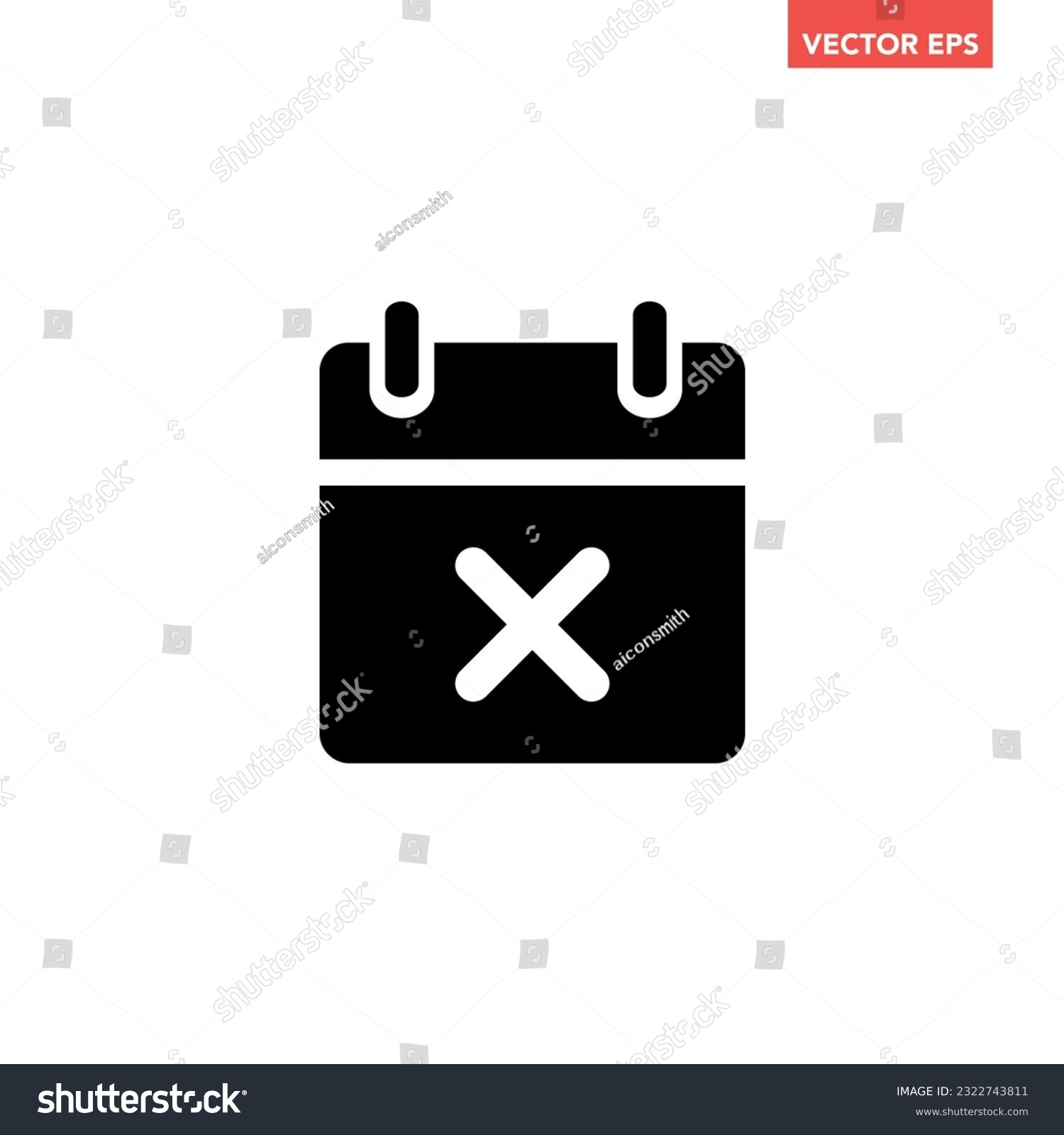 Black single appointment canceled icon, simple calendar failed flat design illustration pictogram vector for app ads web banner button ui ux interface elements isolated on white background #2322743811