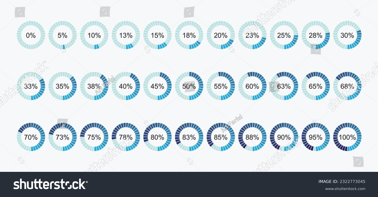 Percentage pie circle infographics from 0 to 100. Percent 1 5 10 15 20 25 30 35 40 45 50 55 60 65 70 75 80 85 90 95 percent. Vector illustration. Number Blue Color #2322773045