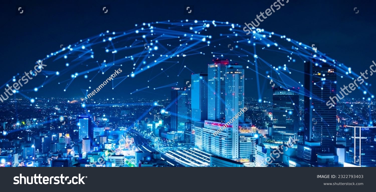 Modern cityscape and communication network concept. Telecommunication. IoT (Internet of Things). 5G. Smart city. Digital transformation. Composite visual with a drone point of view. Mixed media. #2322793403