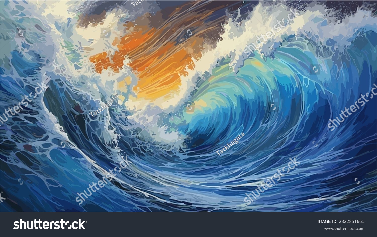 Big wave in a raging sea. A strong storm in the ocean. Big waves. Blue tones. The power of raging nature. Seascape, artwork. Vector illustration design #2322851661
