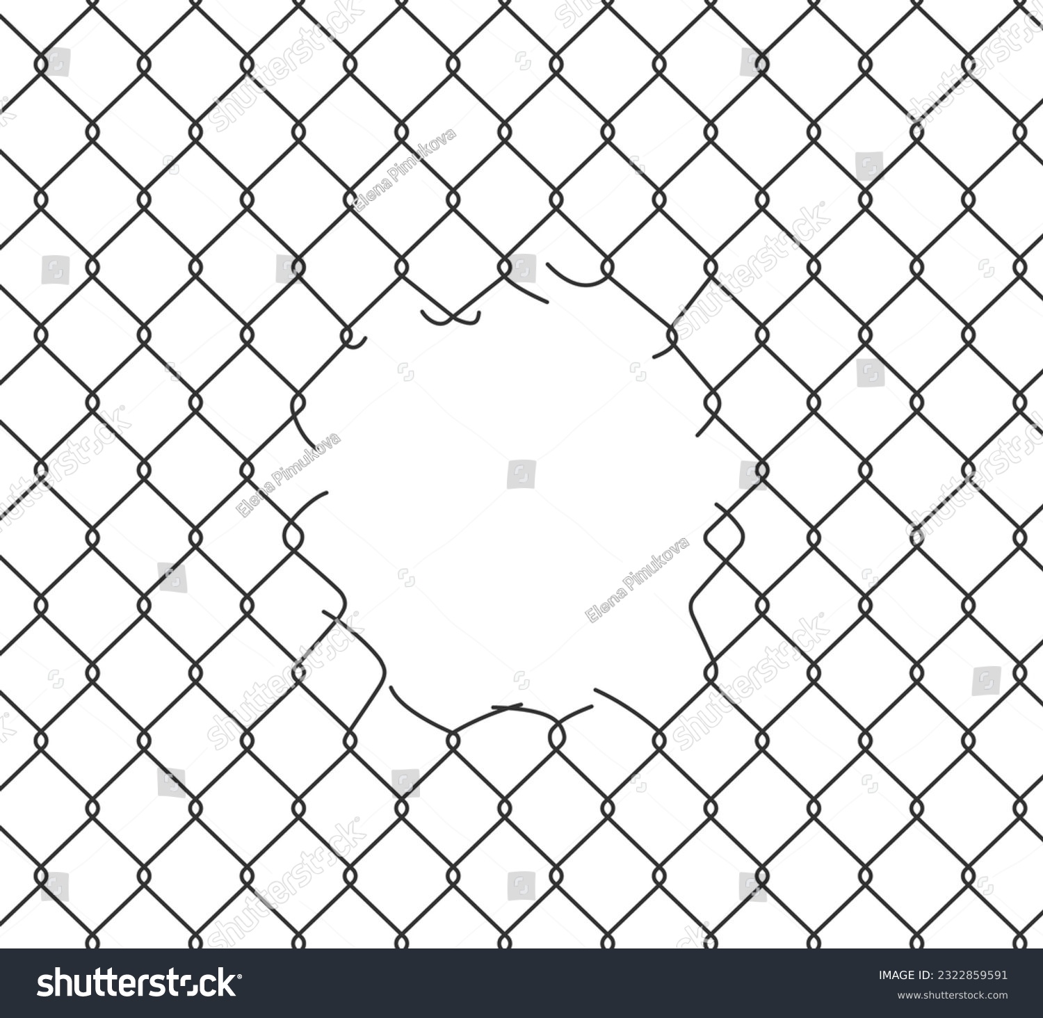 Broken wire mesh fence. Rabitz or chain link fence with cut hole. Torn wire pirson mesh texture. Cut metal lattice grid. Vector illustration isolated on white background. #2322859591