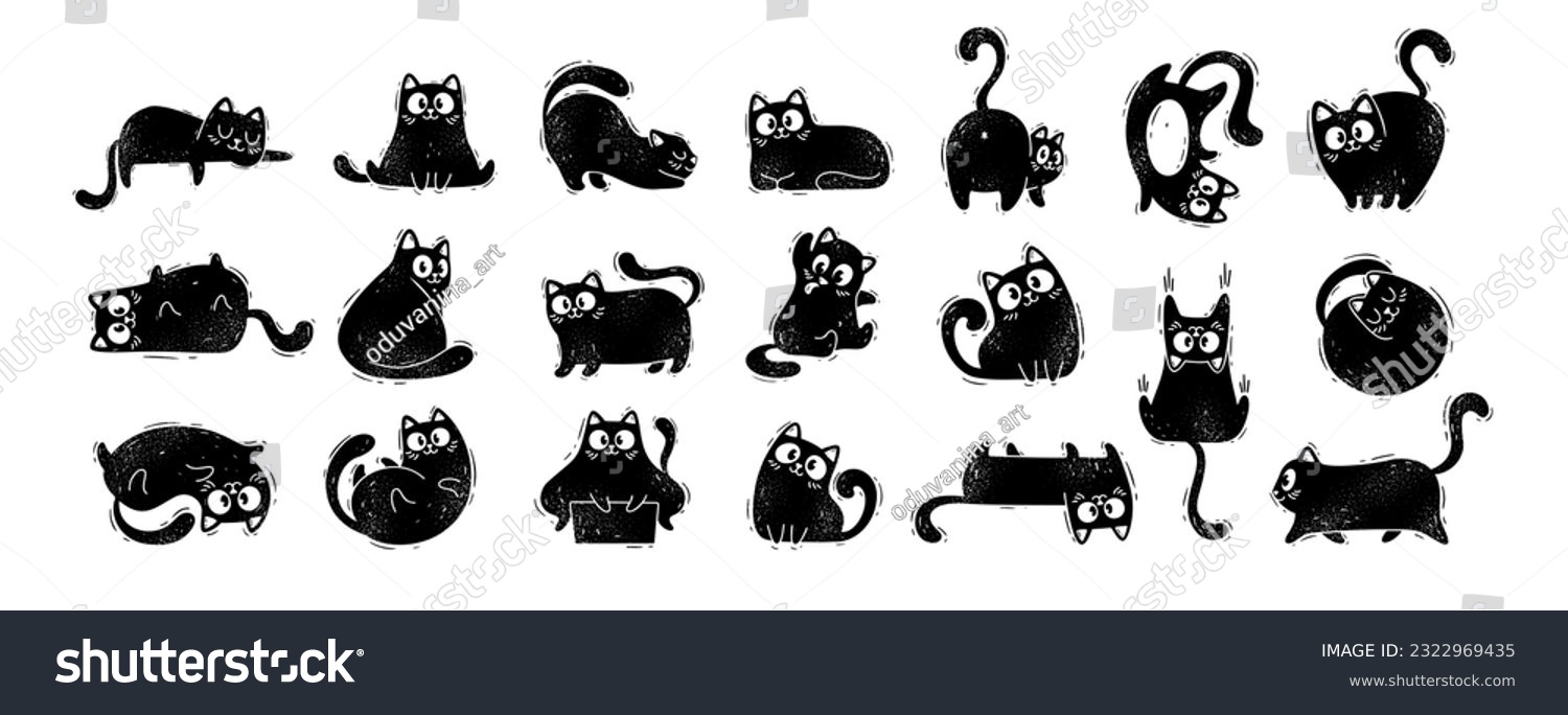 Big set of black cats in linocut style. Cute funny fluffy cats. #2322969435