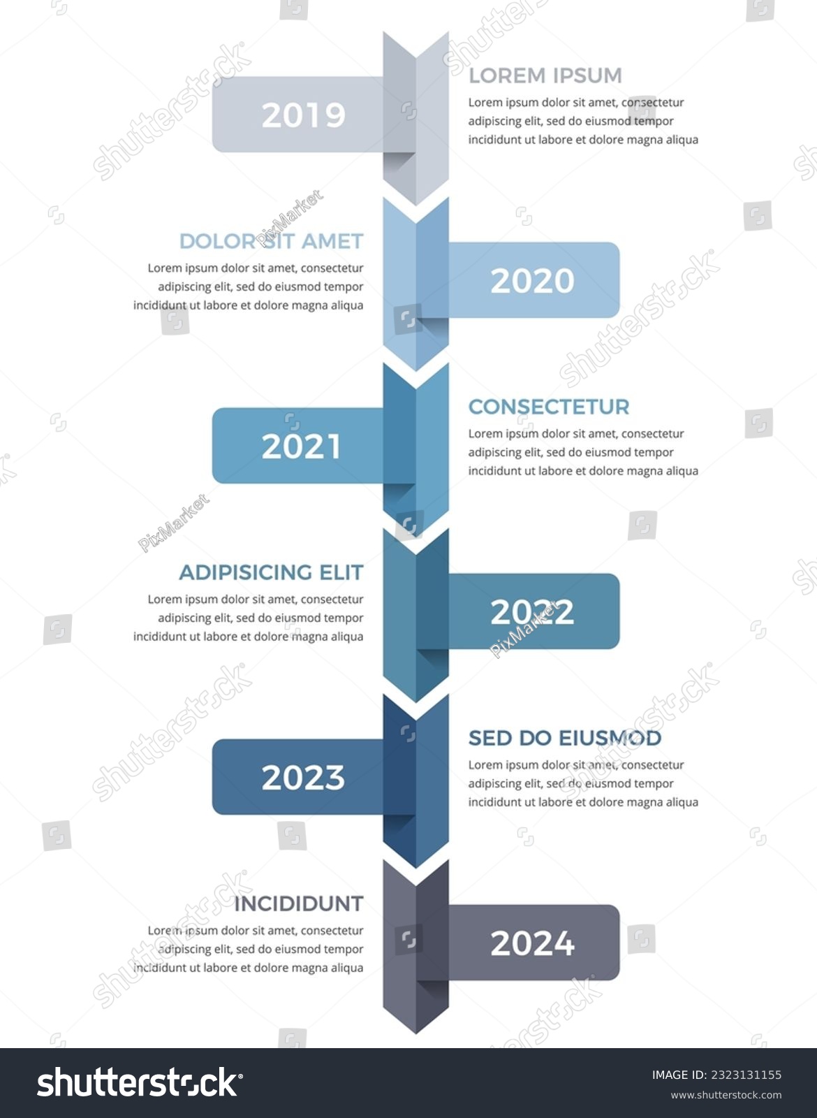 Vertical timeline infographics template with six arrows with place dates and text, vector eps10 illustration #2323131155