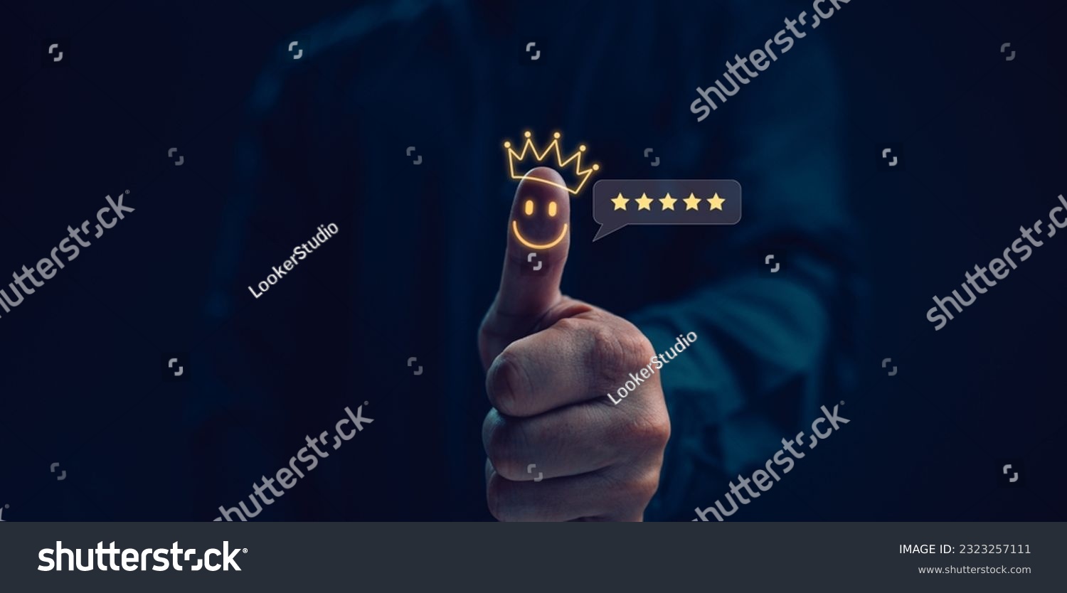 Customer service satisfaction concept. Hand with thumb up Positive emotion smiley face icon and five star with copy space. Satisfied, feedback, review, good, best, good product and service, quality #2323257111