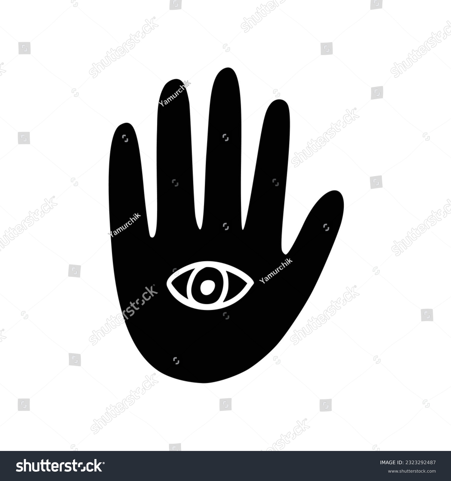 Mystic Hand with Third Eye in Linocut Style. Celestial Magic Icon Vector Illustration Isolated on White Background. Boho Witchy Hand Clipart for Tarot Card, Logo, Poster, Packaging Design. #2323292487