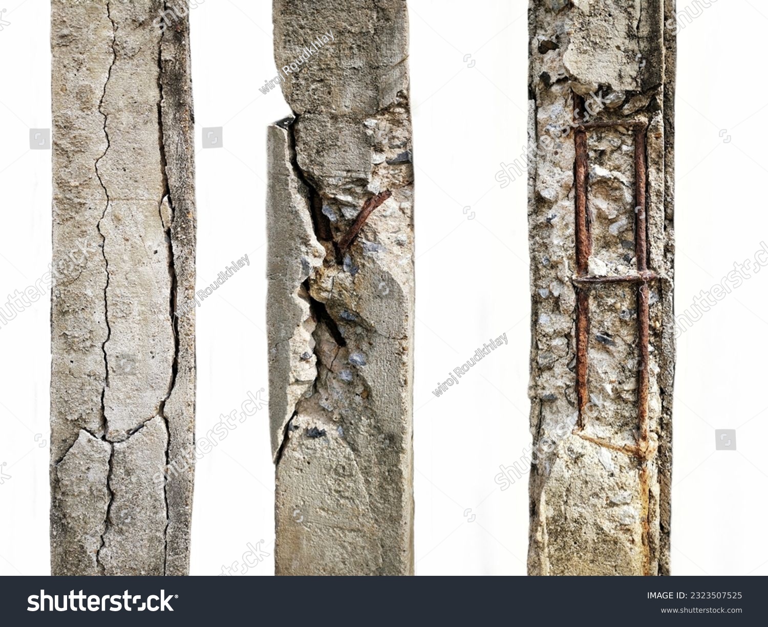 Group of Cracked concrete columns affecting the strength of the building structure isolated on white background. #2323507525