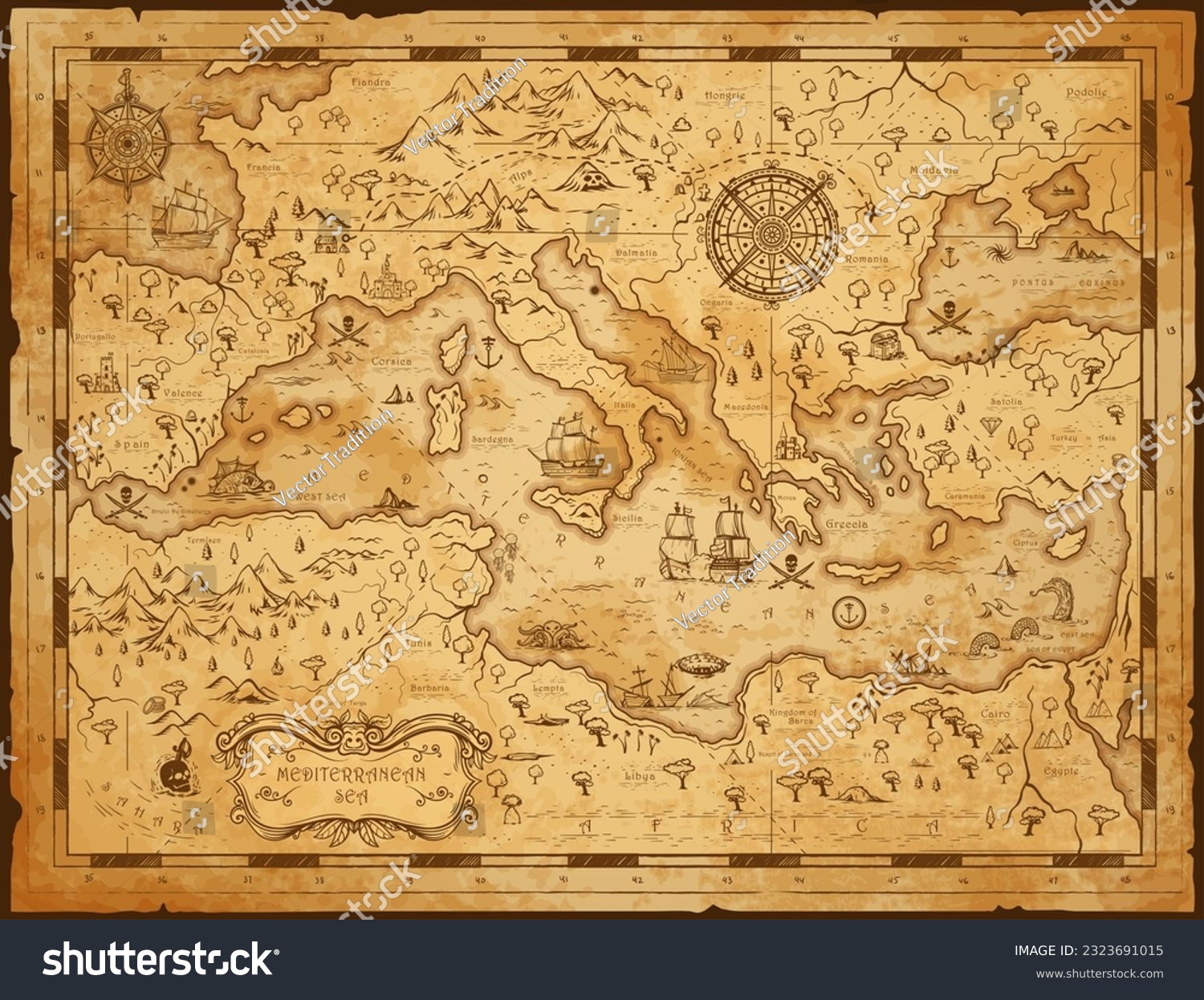 Old vintage map of Mediterranean sea, pirate sailing and treasure island, antique vector. Map of Mediterranean sea with fantasy monsters and seafaring ship plan in Europe with compass wind rose #2323691015