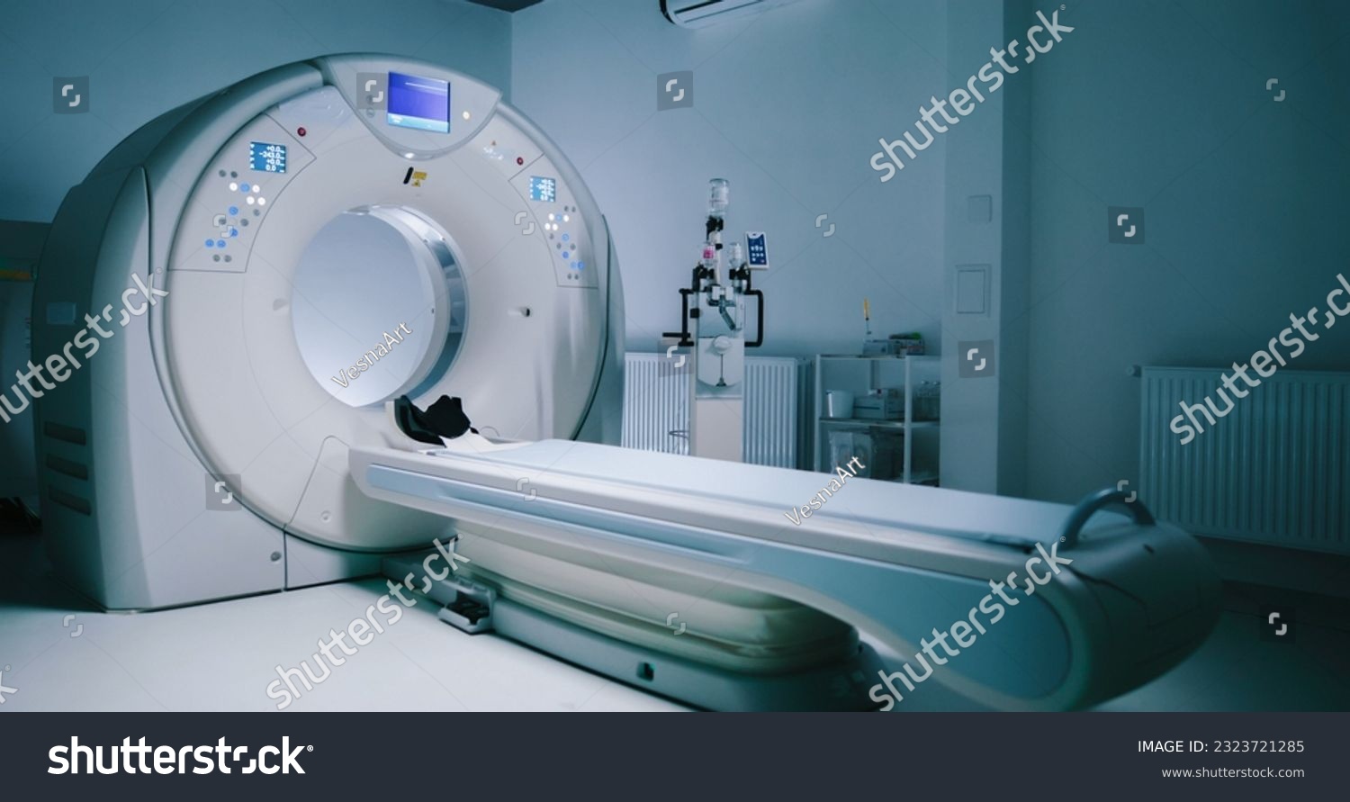Shoot without people. View of steryl tomography room. Medical equipment for MRI. Scanning capsule for magnetic resonance imaging sexamination. Modernly equipped brain MRI room. #2323721285