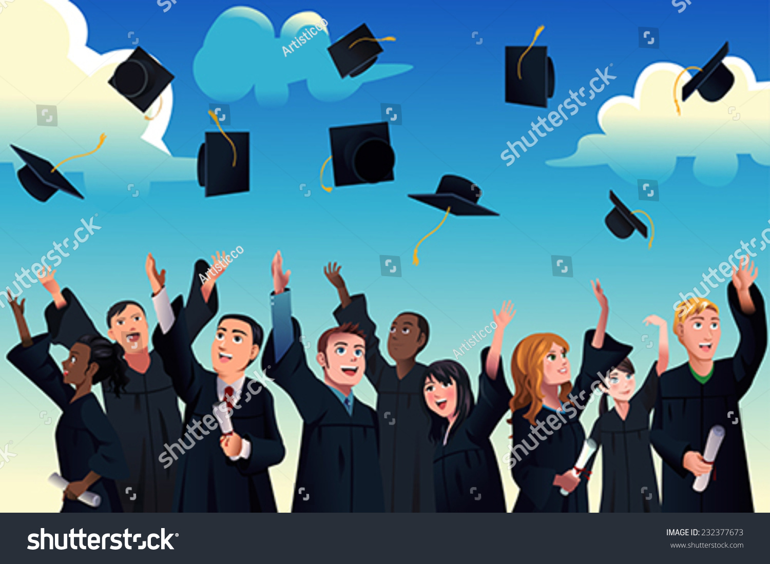 A vector illustration of students celebrating their graduation by throwing their graduation hats in the air #232377673