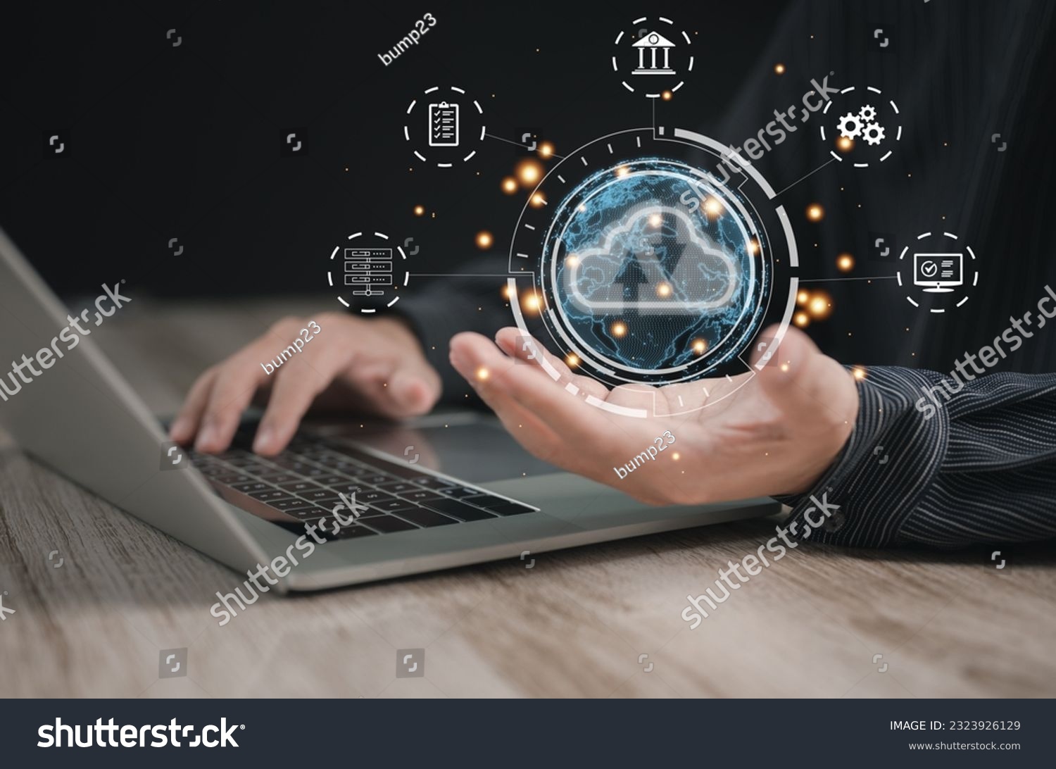 Concept of using cloud computing to store data : Business man holding are using cloud computing to store important data such as big data , financial and banking , digital marketing by global internet #2323926129